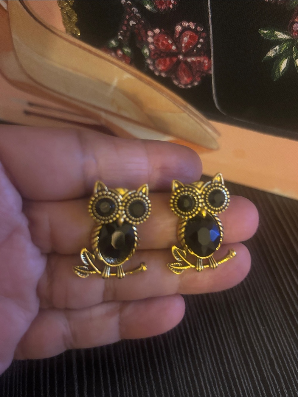 Gold-Tone Owl Stud Earrings with Black Stone Accents